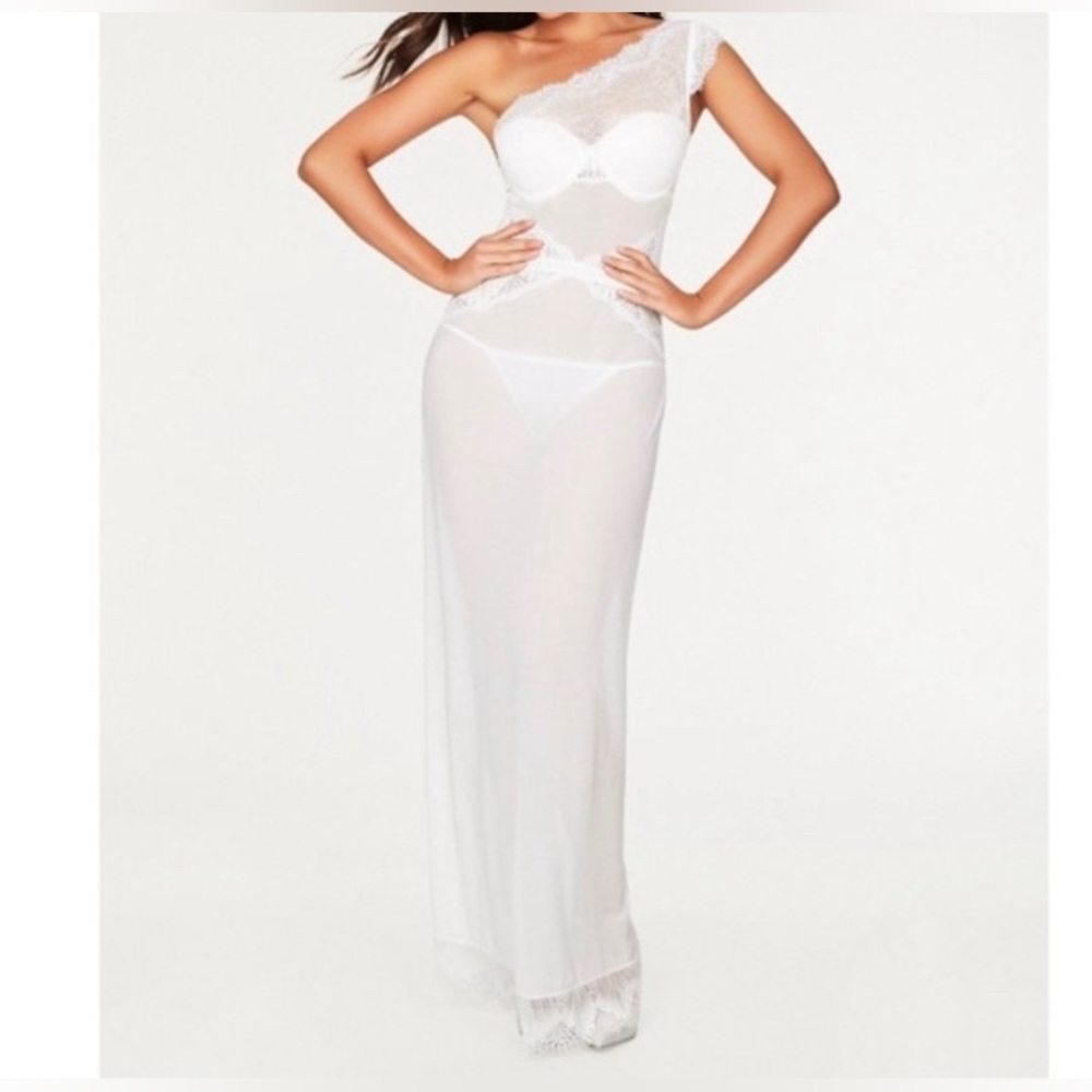 Fredericks Of Hollywood Leia One Shoulder Lace Mesh Gown White NWT